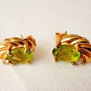 14 K Gold Earrings with Green Peridot stones and small diamond accents